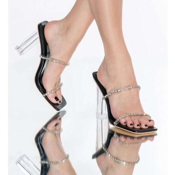 Azalea Wang Olivia Chunky Clear Block Lucite Type Heel Rhinestones size 8.5 - Picture 3 of 8